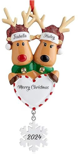 Adornos navideños Personalizados con Nombre 2024 Adorno navideño Personalizado de Familia de 2 Ciervos con Texto Adornos Familiares Personalizados para la decoración del árbol de Navidad