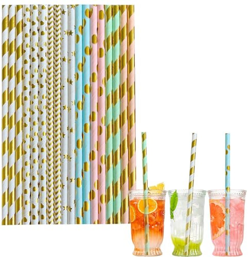 100pcs Paper Straws Biodegradable Disposable Straws,Metallic Foil Striped Wave Heart Star Straws Paper Drinking Straws Juice Coffee Cocktail Straws for Birthday Wedding Bridal/Baby Shower Party Straws