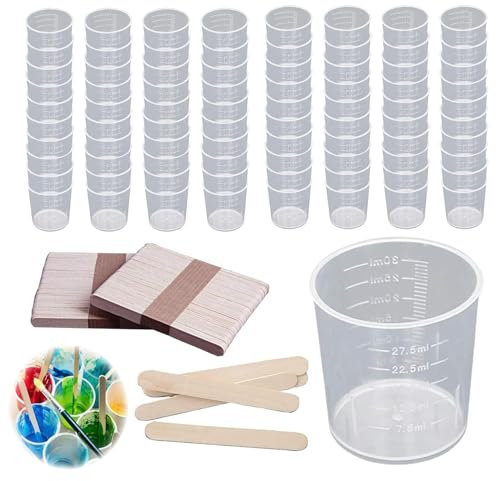 Tkxjry Mischbecher 80 Stk, 30ml Messbecher,Kleine Mischbecher,80 Stück Mischbecher,30ML Mini Messbecher,Kunststoff Mischbecher,für Mischen Von Harz, Stain, Epoxy und Farbe (Mit 100Stk Holzstäbchen)