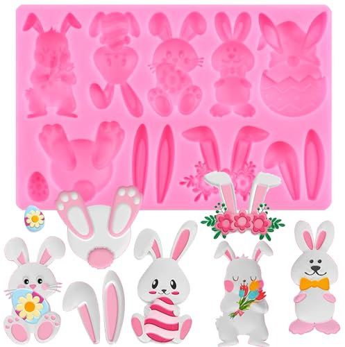 XMOLDNMS Easter Fondant Moulds Bunny 3D Silicone Moulds Rabbit Flowers Moulds for Cake Decorating Cupcake Topper Candy Chocolate Gum Paste Polymer Clay