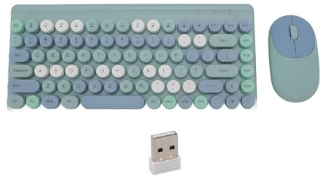 Wireless Keyboard and Mouse, Retro Typewriter Wireless Keyboard with Round Keycaps, Slim Compact Colorful Keyboards for Laptop Computer Desktop (Blue)