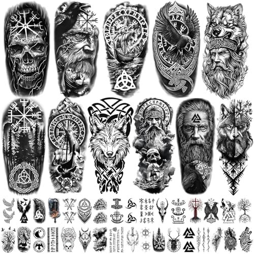 77 Blätter temporäre Wikinger-Tattoos für Erwachsene und Kinder, Wikinger-Piraten-Stammestotem-Fake-Tattoo-Aufkleber, nordische nordische keltische Halbarm-Ärmel-Tattoos für Frauen und Männer
