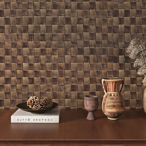 ReWallpaper 40CMx7M Rattan Effect Wallpaper Brown Vinyl Wrap for Wardrobe Doors Cabinets Woven Cane Self Adhesive Vintage Wallpaper for Living Room Bedroom Bamboo Weave Effect Removable