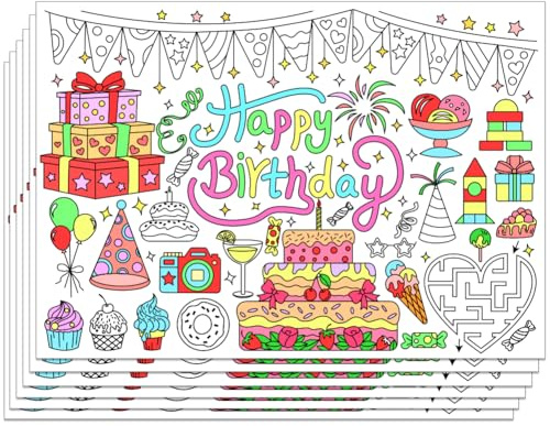 WEBEEDY 30 Packung Glücklich Geburtstag Platzsets zum Ausmalen 40 x 28cm | papier-platzsets;tischset zum ausmalen;geburtstag;kuchenthema; restaurants tischdekorationen zubehör;Zurück zur Schule