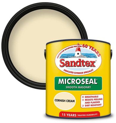 Sandtex Microseal Exterior Smooth Masonry Paint | Cornish Cream 2.5L | Rainproof in 1 hour