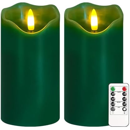 AVEKI Flameless Candle Light, Set of 2 6x3 Flickering Christmas Flameless Candles with Remote & Timer, Dimmable Real Wax Pillar Candles Battery Operated, Decor for Home Xmas (Green)