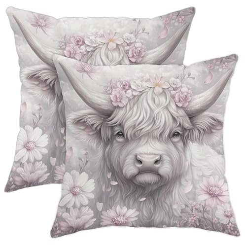 Zierkissenbezüge mit floralem Hochlandrinder, weich, graue Kuh, dekorative Kissen für Couch, Bett, Wohnzimmer, Sofa, 45,7 x 45,7 cm, 2 Stück