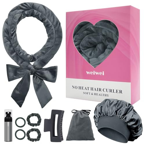 weiwei Lockenwickler Über Nacht, Samt Heatless Overnight Curls Band Locken ohne Hitze, 70 Haarwickler DIY Hair Curler Rollers Lockenband, 9 Stück Locken Set mit Schlafmütze für Langes Haar (Grau)