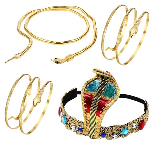 JewelryWe Schlangen Kostüm Schmuck 4er Set: Gold Kobra Kleopatra Kopfschmuck Armmanschette Oberarmreif Biegbar Schlangenkette Armband Halskette Antike Ägyptische Königin Halloween Accessories