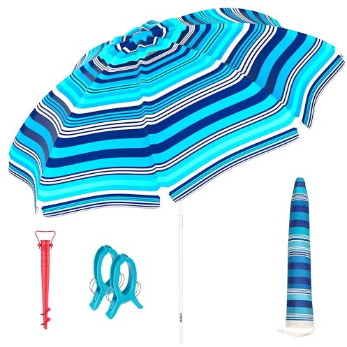 JAMAX Sombrilla Playa Grande 180 cm Inclinable Antiviento con Protección UV25+, Fibra de Vidrio, Mástil Aluminio y Bolsa Almacenaje (Rayas Azules)