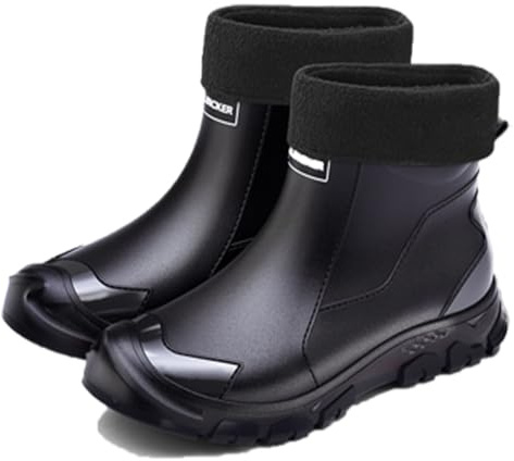 FREECOZYER Mens Wellington Waterproof Rain Boots Outdoor Garden Short Ankle Wellies Chelsea Booties Rain Shoes for Adults(Black-Fur Lined,UK 5)