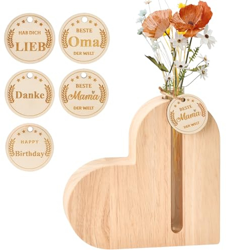 Muttertagsgeschenk für Mama,Holz Herz Vase,Geschenk Muttertag für Mama Oma | 5 runde Plättchen mit Unterschiedlichem Text,Personalisiert Muttertagsgeschenke zum Muttertag Weihnachten