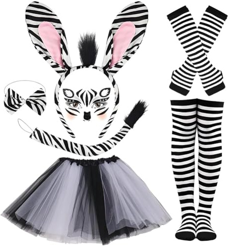 KDFSSIPE Tierkostüm Set Tierohren Stirnband mit Schwanz Fliege Tutu Rock Handschuhe Socken Gesichtsaufkleber für Karneval Halloween Cos Party für Kinder Frauen Erwachsene