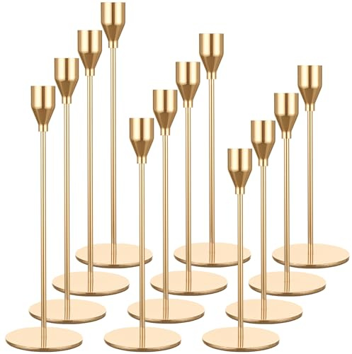 Set mit 12 goldenen Kerzenhaltern, französische Kerzenhalter für Spitzkerzen, Kerzenhalter passend für 3/4 Zoll Dicke Kerzen, Kerzenhalter für Hochzeit, Party, Heim, Abendessen bei Kerzenschein