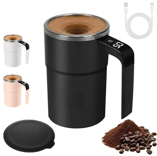 Selbstrührende Tasse 380ml mit Temperaturanzeige – Smart Mug Kaffeetasse mit Deckel und automatischer Rührfunktion, Elektrischer Thermobecher für Kaffee, Tee und heiße Getränke, Schwarz