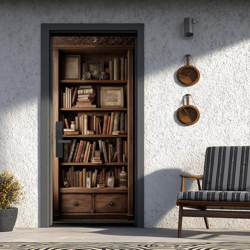 Bücherregal Türtapete Selbstklebend 85x200 cm Vintage Buch, Holz Bücherregal Türfolie Türposter, Türaufkleber Für Badezimmer Abnehmbar Wasserdicht