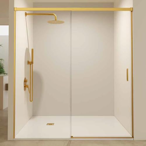 Paroi de douche avant coulissante 1 porte 1 fixe en verre trempé 6 mm anticalcaire Hauteur 195 cm Profil doré brossé 110 cm (adapté 106,1-111)