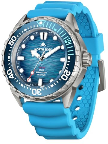NORTH EDGE Triton-TI Montre de plongée Solaire Homme, boîtier en Titane, étanche 300 m/30 ATM, Lunette céramique unidirectionnelle, Couronne vissée, Bracelet Silicone Bleu