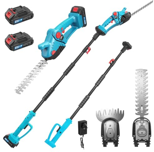Cordless Hedge Trimmer Long Reach 2.4m Telescopic Pole, Hedge Trimmer Cordless 21V with 2X Batteries & Fast Charger, 90° Adjustable Head, 2-in-1 with Grass Shear Blade, Lightweight for Gardeners