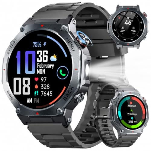 Reloj Inteligente Hombre Militar con GPS y Linterna LED, 5ATM Smartwatch con Brújula llamadas Bluetooth Pulsómetro Oxímetro Sueño, 1.43AMOLED Reloj Deportivo con 160+Modos Deportivos para IOS Android