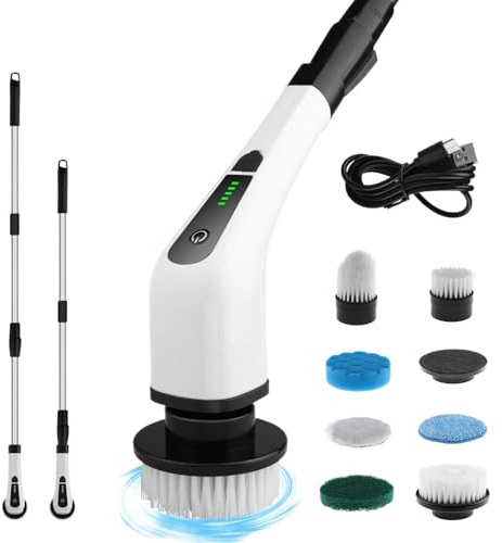 Hausamara Electric Spin Scrubber, Cordless Cleaning Brush with 9 Replaceable Brush Heads, Extendable Adjustable Handle, 4000mAh Battery, 300-500RPM Power Scrubber for Bathroom, Kitchen, Floor, Tile &