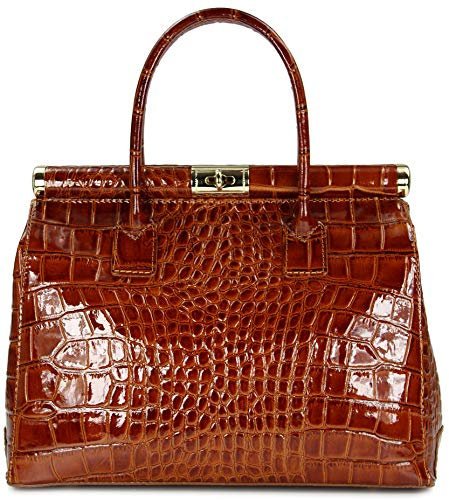 Belli The Bag XL italienische Leder Henkeltasche Handtasche Damen Ledertasche Umhängetasche - 34x25x16 cm (B x H x T) (Cognac Lack Kroko)