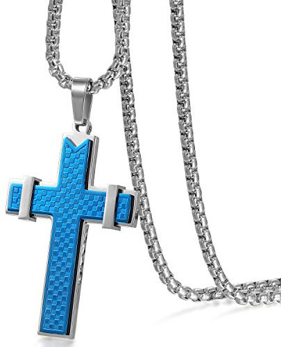 Flongo Herren-Kette Anhänger Halskette, Edelstahl Halskette Rosenkranz Kette Gitter Muster Kreuz Kruzifix Kette Herrenkette Silber Blau Herren Männer Accessoires