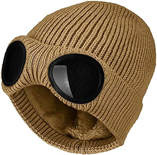 XRDSS Unisex Goggle Beanie Strickmütze Winter Chunky Beanie Mütze, coffee, Einheitsgröße