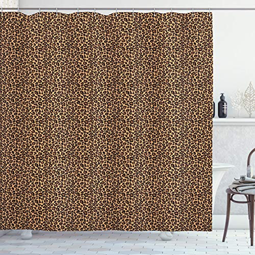 ABAKUHAUS Leopard-Druck Duschvorhang, Orange Exotische Afrikanische, Stoffliches Gewebe Badezimmerdekorationsset mit Haken, 175 x 200 cm, Orange Schwarz
