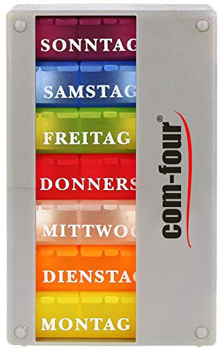 com-four® Medikamentendosierer 7 Tage - Medikamenten-Box (Morgens, Mittags, Abends) - Pillendose - Tablettendose - Wochendosierer (01 Stück - silberfarben-schwarz ohne Zubehör)