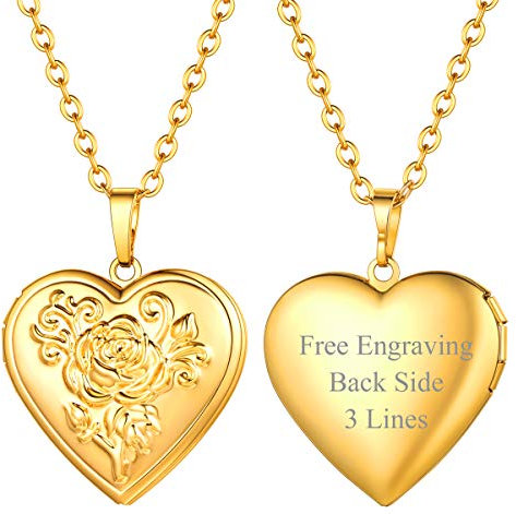 FOCALOOK Damen Mädchen Collier personalisiert Herz Medaillon zu Öffnen 18k vergoldet Rose Blume Herz Anhänger Halskette Foto Bilder Amulett Floating Locket für Weihnachten Valentinstag