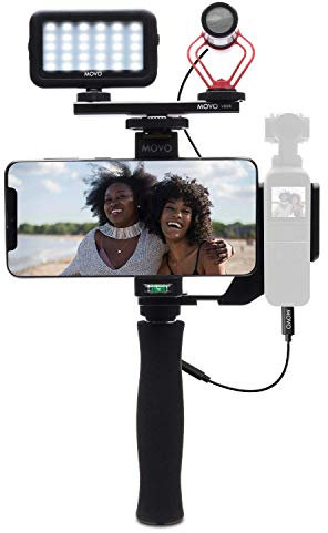 Movo Videomikrofon für Kamera mit Stabilisator, Licht und Schuhsplitter, kompatibel mit DJI OSMO Pocket 1, 2, Vlog-Kit inklusive Shotgun-Mikrofon, Handheld-Videoleuchte, Smartphone-Video-Rig