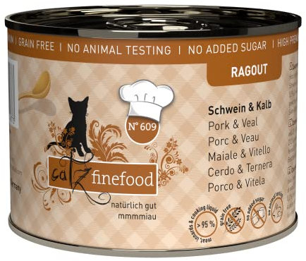 catz finefood Ragout N° 609 Schwein & Kalb Katzenfutter nass - Feinkost Nassfutter für Katzen in Sauce ohne Getreide und Zucker mit hohem Fleischanteil, 6 x 190 g Dose