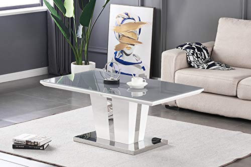 Grey/Black Glass Top and White High Gloss Rectangle Contemporary Designer Coffee Table for Living Room, Lounge Furniture (Grey)