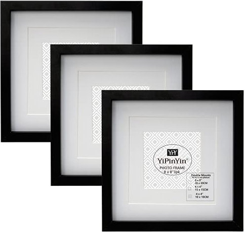 Lot de 3 cadres photo carrés noirs de 20 x 20 cm avec double passe-partout pour 15 x 15 cm, cadres photo carrés de 15 x 15 cm avec fenêtre en plexiglas pour montage mural et de bureau