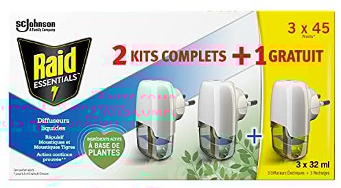 RAID ESSENTIALS DIFFUSEURS ÉLECTRIQUES LIQUIDES RÉPULSIFS MOUSTIQUES, DIFFUSEURS + RECHARGES, 2 + 1, 45 NUITS, 3 X 32 ml