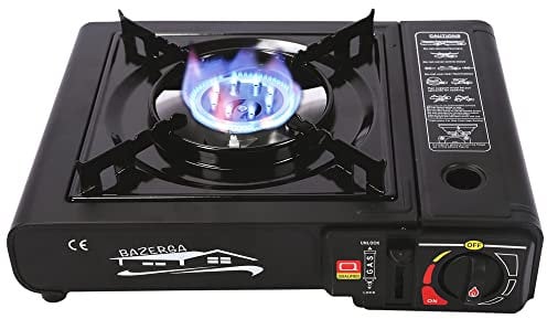 BAZERGA Réchaud à Gaz Portable pour Camping, Festivals, Sorties de Pêche, Pique-nique Cuisinière à Gaz Extérieure Ultra-mince 2200 W Avec Mallette de Transport 34x28x11 Cm