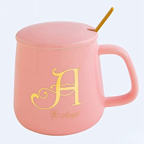 XKUN Tazza Tazze da caffè Tazze Rosa Impostato per Il Migliore Amico Regalo Figlia con Coperchio E Cucchiaio 26 Lettere Tazza Tazza Personalizzata Ufficio Carino Ceramica Tazza d'Acqua-A,450Ml