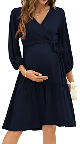 KOJOOIN Robe de maternité pour Femme Col en V Manches 3/4 Robe d'allaitement à Volants Robes de maternité avec Ceinture,Bleu foncé (Manches 3/4),L
