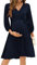 KOJOOIN Robe de maternité pour Femme Col en V Manches 3/4 Robe d'allaitement à Volants Robes de maternité avec Ceinture,Bleu foncé (Manches 3/4),L