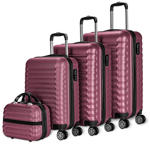 NUMADA - Gepäck-Set und Kulturbeutel 4 Stück Bordeaux, groß 75cm, mittel 63cm, klein 53cm und Kulturbeutel, ABS, starr, widerstandsfähig, 4 Doppelräder, leicht, seitliches Kombinationsschloss