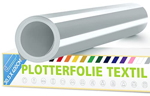 Artcut Plotterfolie Textil , Plotterfolie 30.5*400cm, Vinylfolie Plotter für Stoff, Transferfolie Plotter für DIY T-Shirt, Plotterfolie Vinyl Flexfolie Plotter Textil, Vinylfolie zum Aufbügeln(Silber)