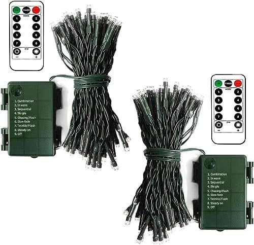 2 Pack Christmas Tree Lights Battery, 5m 50 LED Fairy String Lights with Remote Timer 8 Modes Dark Green Wire Fairy Lights for Bedroom Xmas Tree Patio Festival Decoration - Cool White