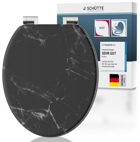 SCHÜTTE WC-Sitz MARMOR BLACK mit Absenkautomatik aus Holz, hochwertiger Toilettendeckel mit 175kg Belastbarkeit, Toilettensitz mit Brille, Klodeckel für WC, MDF Holzkern Klobrille mit Motiv
