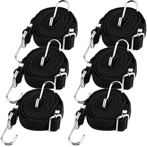 HEIHAK 6 Stück Bungee-Seile mit Metallhaken, 2 m Länge, strapazierfähig, verstellbar, flache Bungee-Seile, Gummi-elastische Gurte für Camping, Fahrrad, Ladung, Auto, Gepäckträger, Schwarz