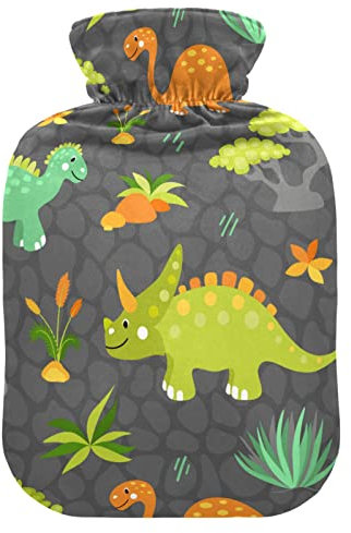 Oarencol Dinosaurier Wärmflasche Waldbaum Dino Drachenblätter Blume Grau Warmwasserbeutel mit Abdeckung für Warm- und Kaltkompresse 1 Liter
