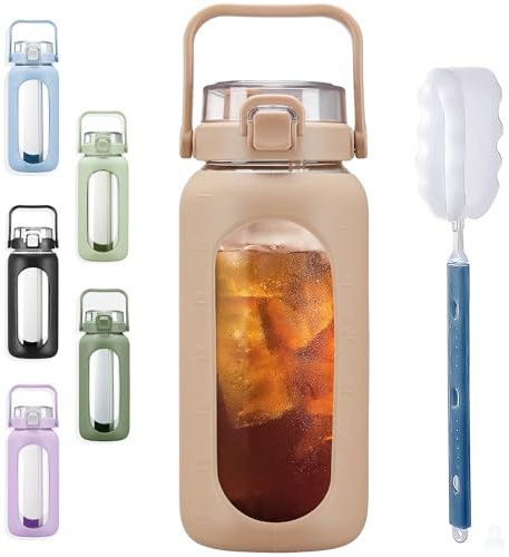 BLUEGO 2L Gourd en verre Avec paille Marqueur de temps Bouteille d'eau Motivation avec manchon en silicone 2 litres Grande carafe d'eau en Verre pour Gym, sports et entraînement, Ambre