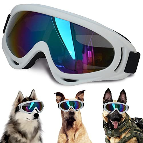 Große Hundesonnenbrille mit verstellbarem Riemen, UV-Schutz, winddichte Welpenbrille, geeignet für mittelgroße und große Haustiere, Augenschutz, weiche Brille (weißer Rahmen)