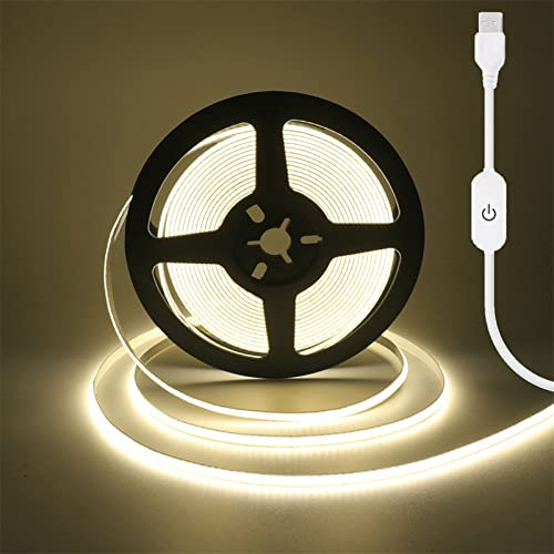 Wisada COB LED Streifen 1m, DC5V 320LEDs/m Flexibler LED Lichtband, Innenbereich Nicht Wasserdichte Natürliches Weiß USB Dimmbar LED Band Lichterketten für Party, Schrankbeleuchtung (FPCB:5MM)