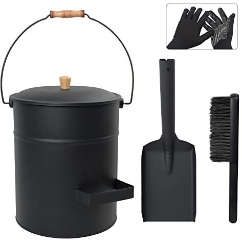 BRIAN & DANY Ash Buckets for fireplaces with Lid, 15L Pail with Shovel and Hand Broom, Tool Set Accessories for Fireplace, Fire Pit
